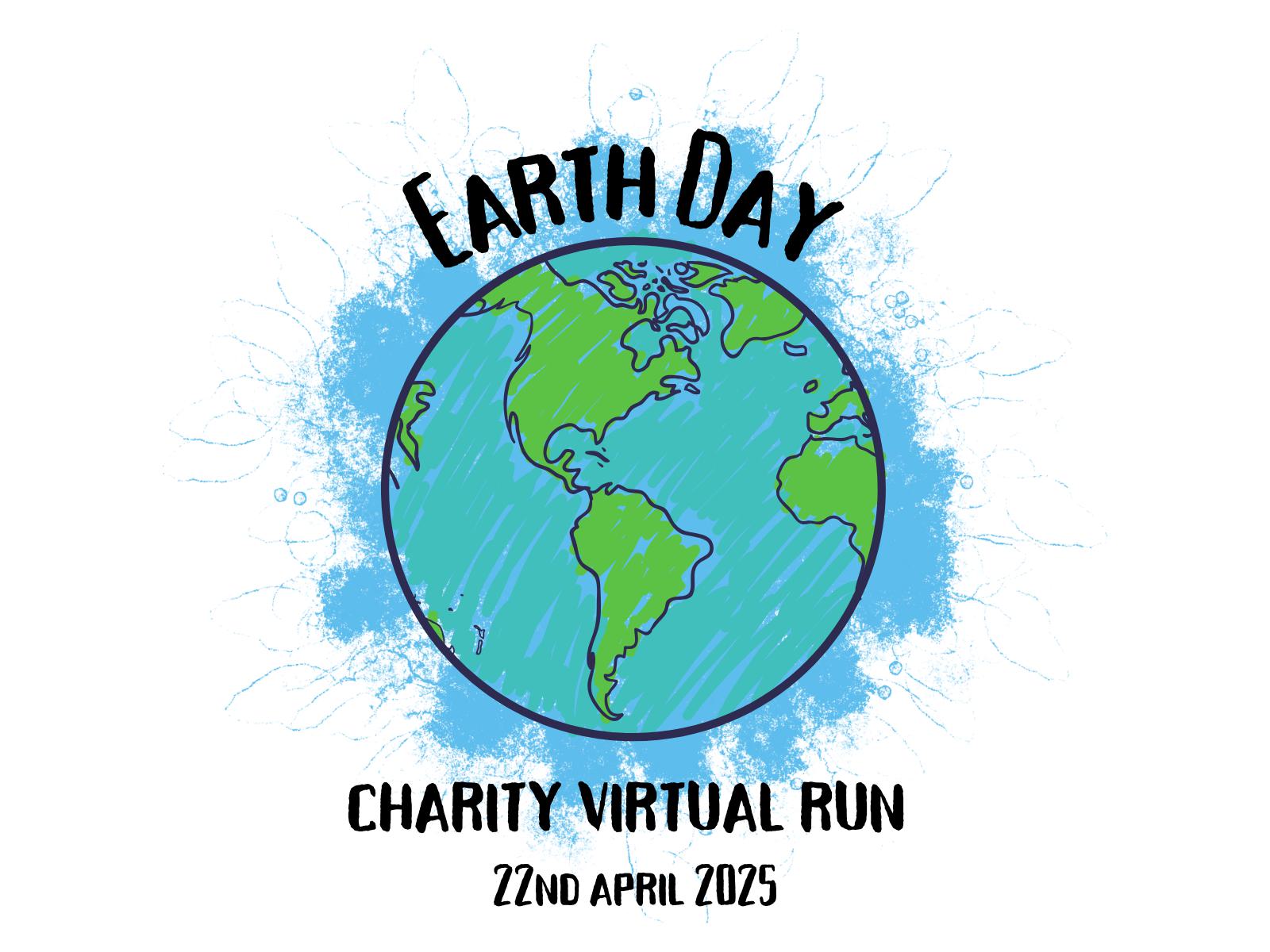 Illustration of Earth with "Earth Day" at the top. Text below reads "Charity Virtual Run" and "22nd April 2025." The background has a blue splash effect.