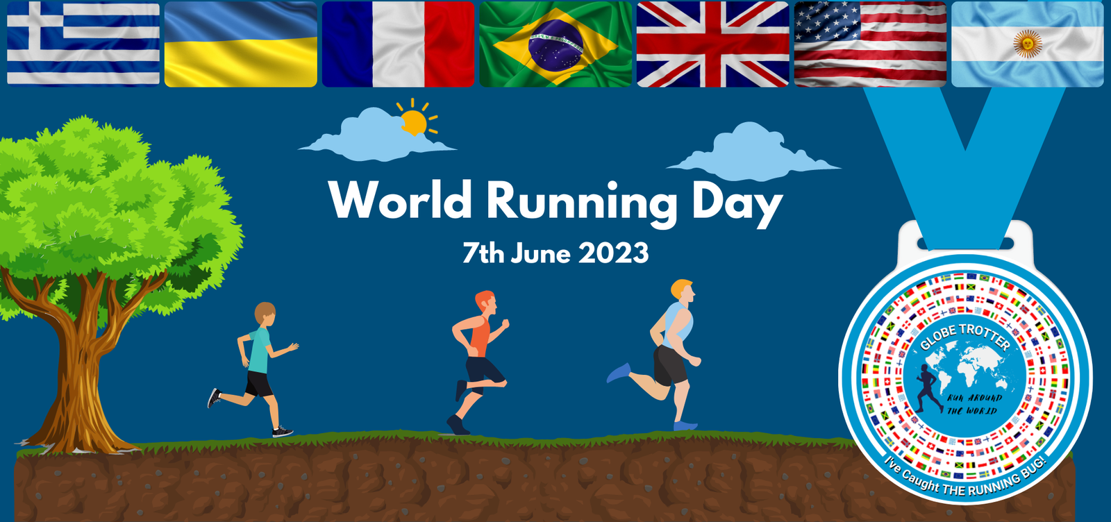 Illustration of three runners under a sunny sky with flags of Greece, France, Brazil, United States, and Argentina above. The text reads "World Running Day 7th June 2023." To the right is a medal featuring a globe with colorful stripes around it.