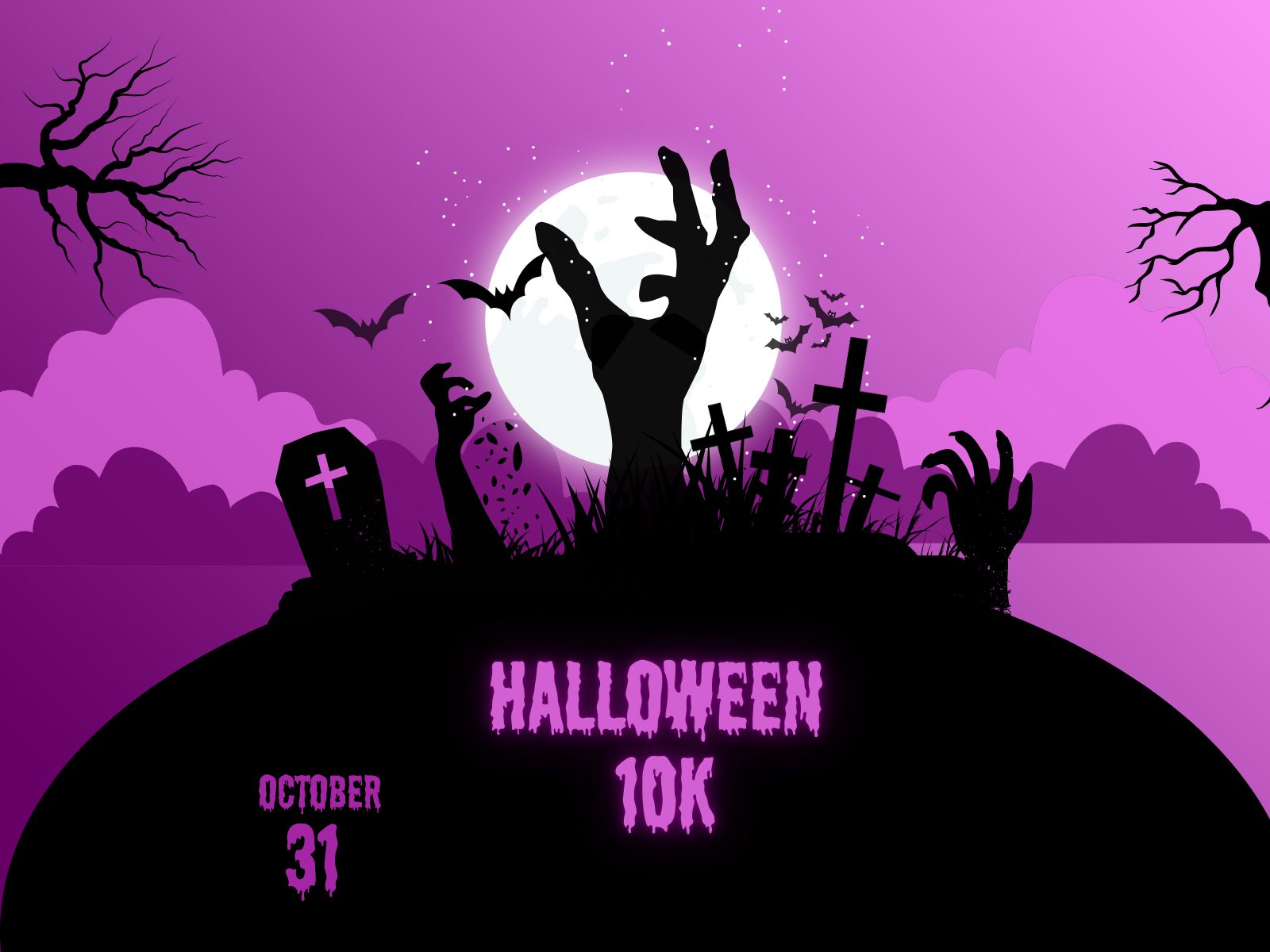 Illustration of a Halloween-themed 10K event. A spooky graveyard scene is depicted with a hand rising from the ground, tombstones, spooky trees, and bats flying around a full moon. The text reads "HALLOWEEN 10K" with the date "October 31" in a stylized, eerie font.