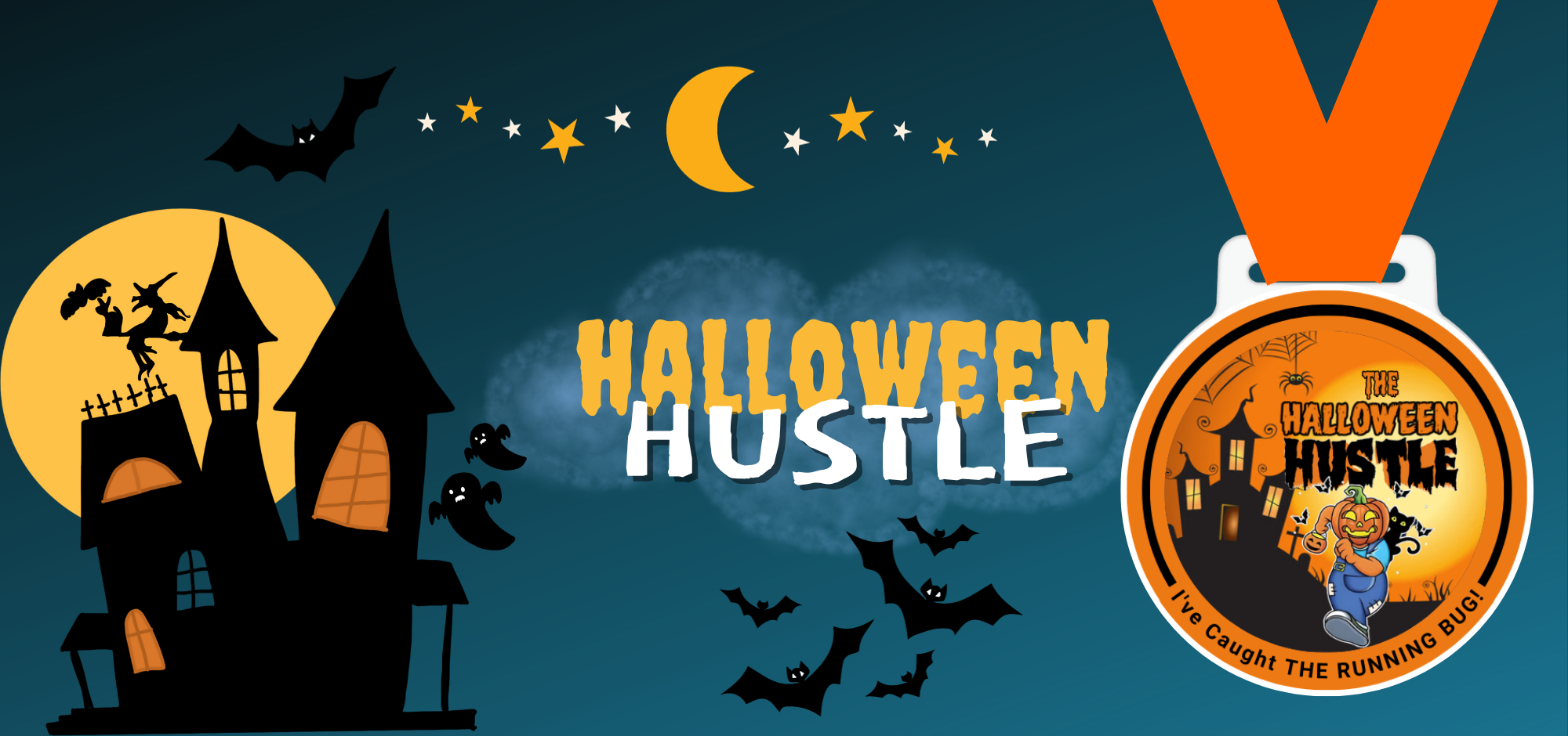 A Halloween-themed image with a haunted house, bats, ghosts, crescent moon, and stars. Text reads "Halloween Hustle" in spooky font. A medal with the same text and a running bug character is displayed on the right, with an orange ribbon attached.