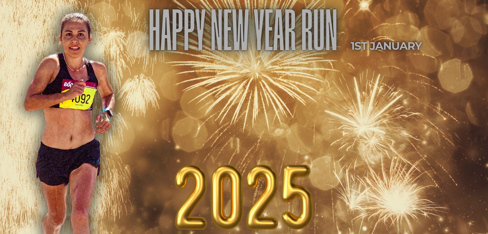 A runner with a bib number runs amidst a festive background of fireworks. The text reads "Happy New Year Run" and "1st January" at the top, with "2025" in large gold letters at the bottom.