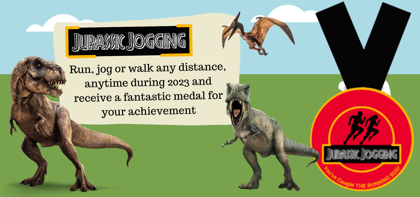 A cartoon image promoting an event called "Jurassic Jogging" shows dinosaurs including a T-Rex and Pterodactyl on a grassy field with blue sky. Text reads: "Run, jog or walk any distance, anytime during 2023 and receive a fantastic medal for your achievement." A medal with the event logo is depicted on the right.