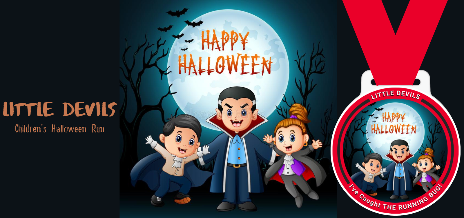 An illustration promoting the "Little Devils Children's Halloween Run." It features happy children in Halloween costumes, including a vampire, against a full moon with "Happy Halloween" written on it. The event's name is on the left, with a medal showing the same artwork.