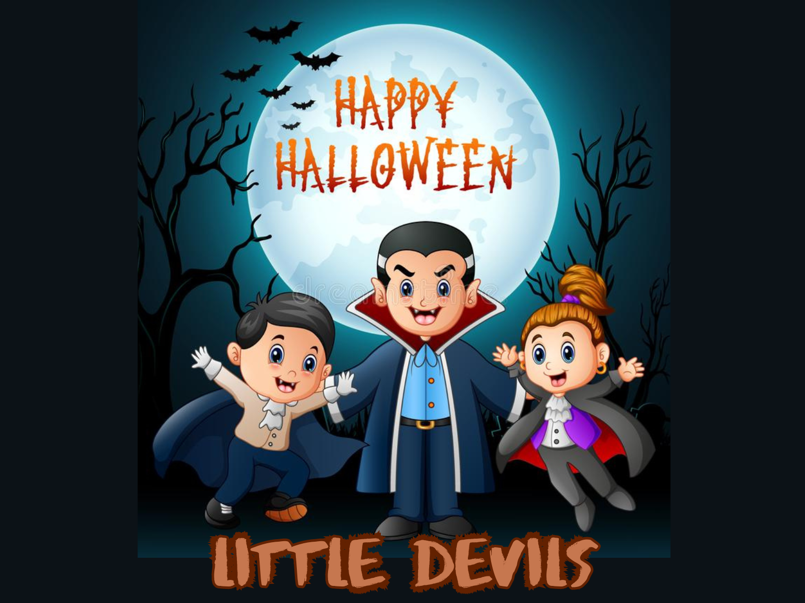 A Halloween-themed illustration features three children dressed as vampires against a spooky background with a full moon, bats, and trees. The text "Happy Halloween" is at the top, and "Little Devils" is at the bottom. The kids are smiling and have their arms raised.