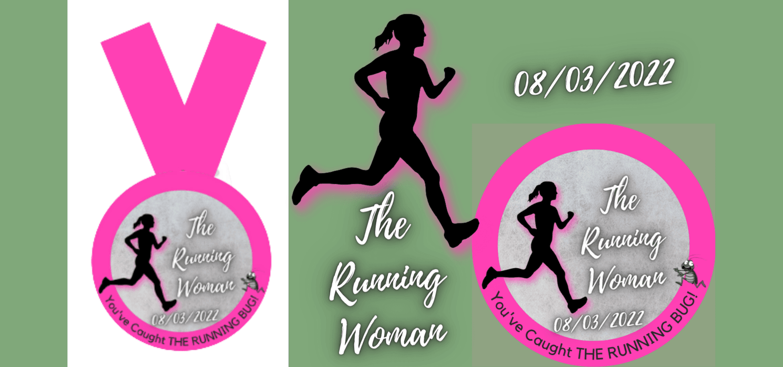A promotional image for The Running Woman event on August 3, 2022. It features a silhouette of a running woman, with a medal design in two styles: one on a ribbon and one as a standalone circle. The text reads, "The Running Woman" with "You've Caught THE RUNNING BUG!.