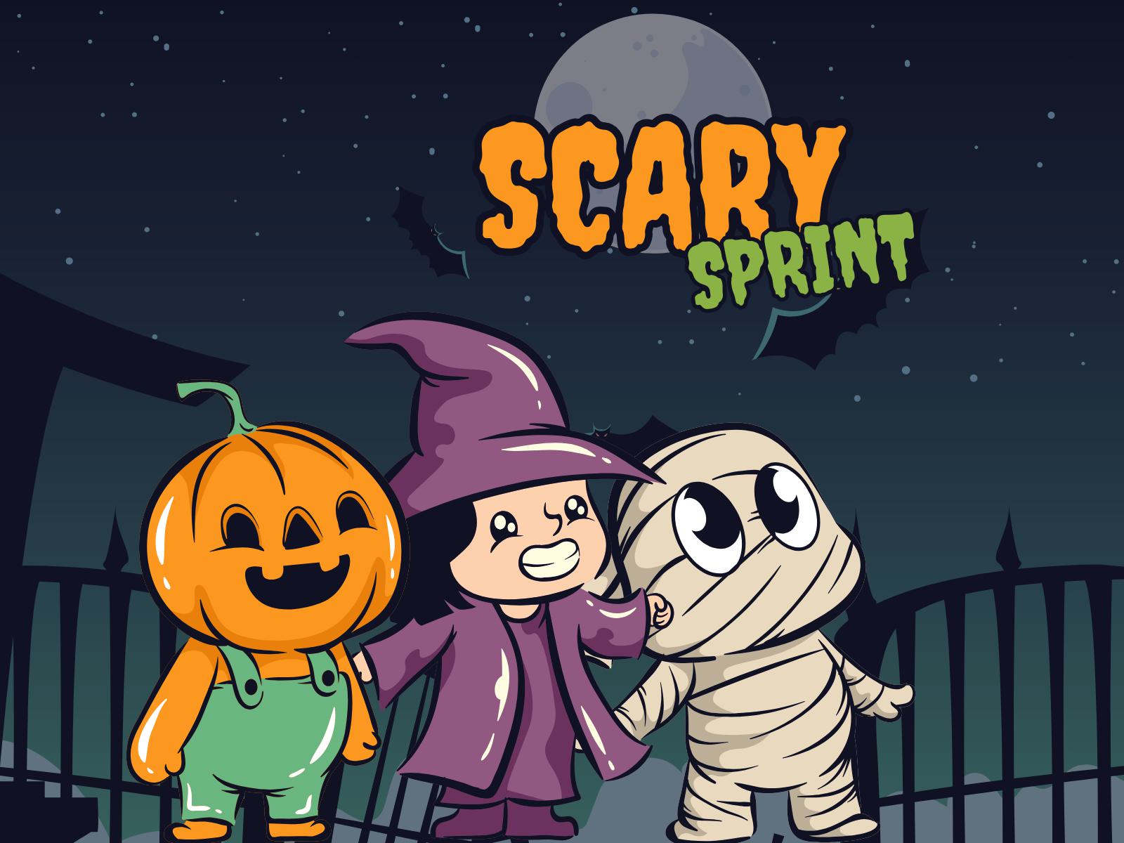 Cartoon of three children in Halloween costumes: one in a pumpkin suit with green overalls, another in a purple witch outfit, and the third wrapped as a mummy. They stand smiling in front of a wrought iron fence under a moonlit sky. Text above reads "Scary Sprint.