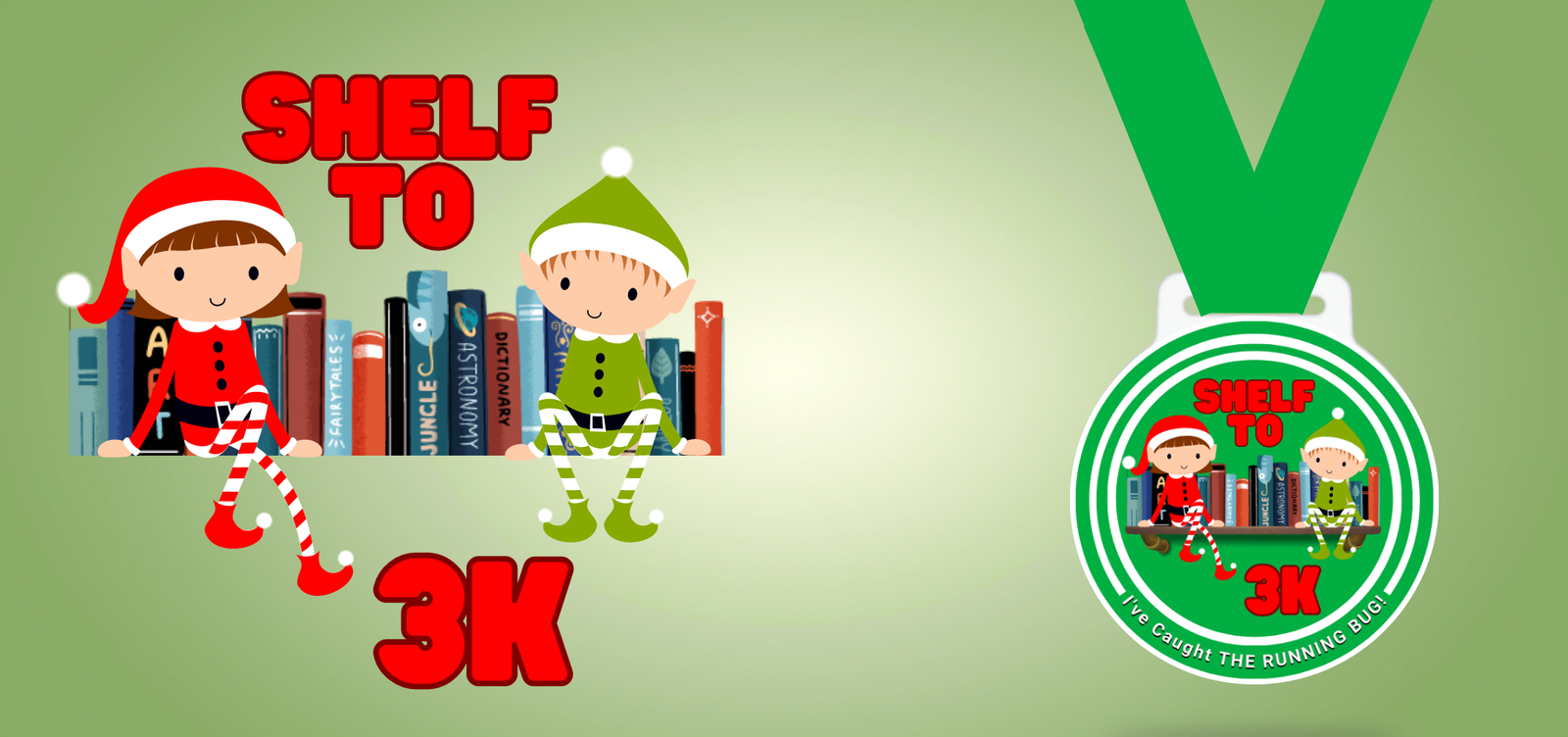 Illustration of two elves sitting on a bookshelf with "Shelf to 3K" in large red text. To the right, a round medal with a green ribbon showcases the same elf design and text with an additional tagline, "I've caught the running bug!.