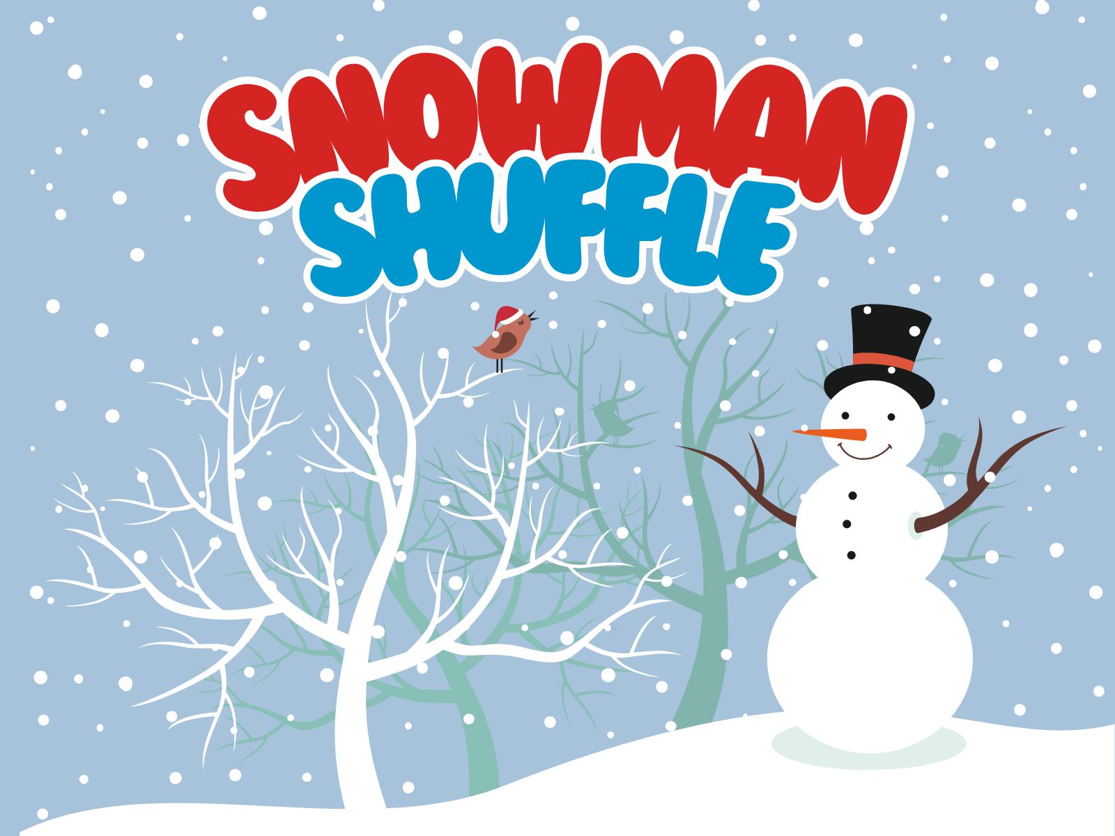 A cheerful snowman stands on snowy ground, sporting a top hat, carrot nose, and stick arms. A bird perches on a bare tree nearby. Red "Snowman" and blue "Shuffle" text is prominently displayed at the top against a snowy, wintry background.