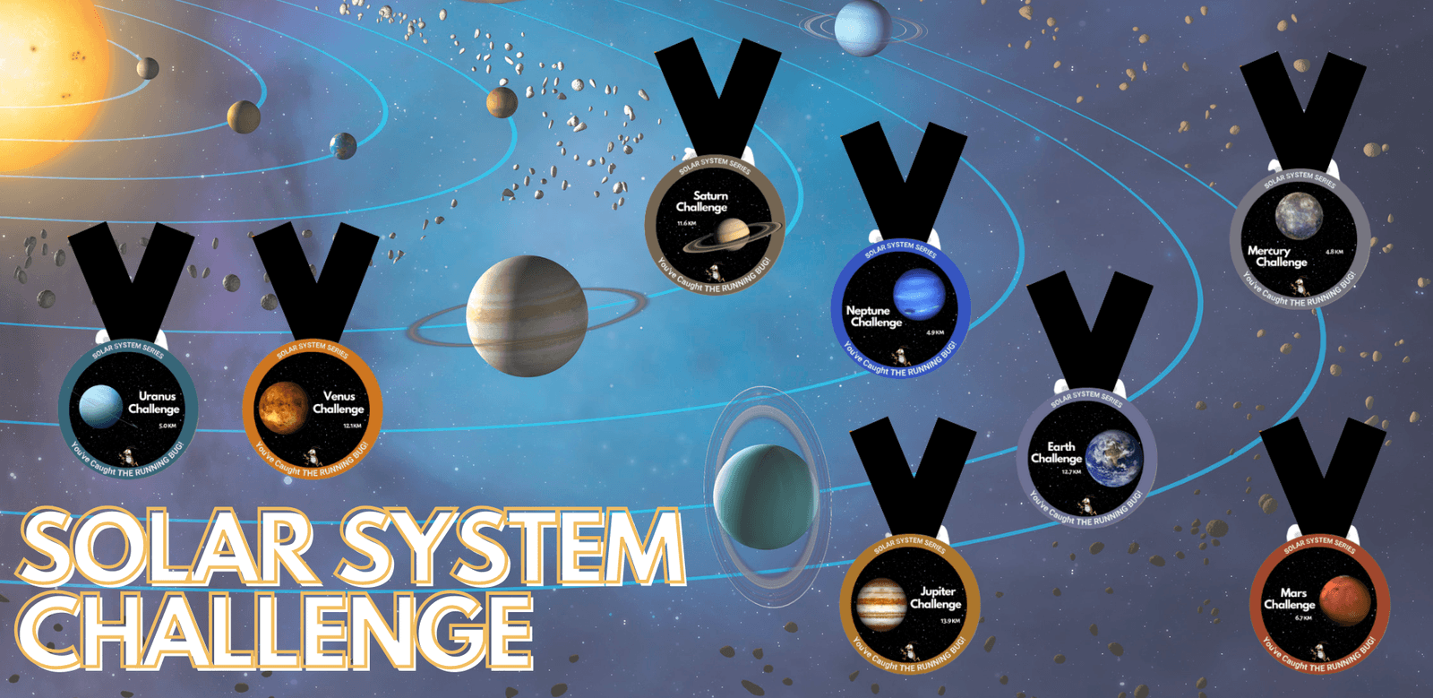 A colorful illustration of the solar system featuring planets and asteroids. Eight medals labeled "Saturn Challenge," "Uranus Challenge," "Venus Challenge," "Neptune Challenge," "Earth Challenge," "Mercury Challenge," "Jupiter Challenge," and "Mars Challenge" float above the planets. The text "Solar System Challenge" is at the bottom left.