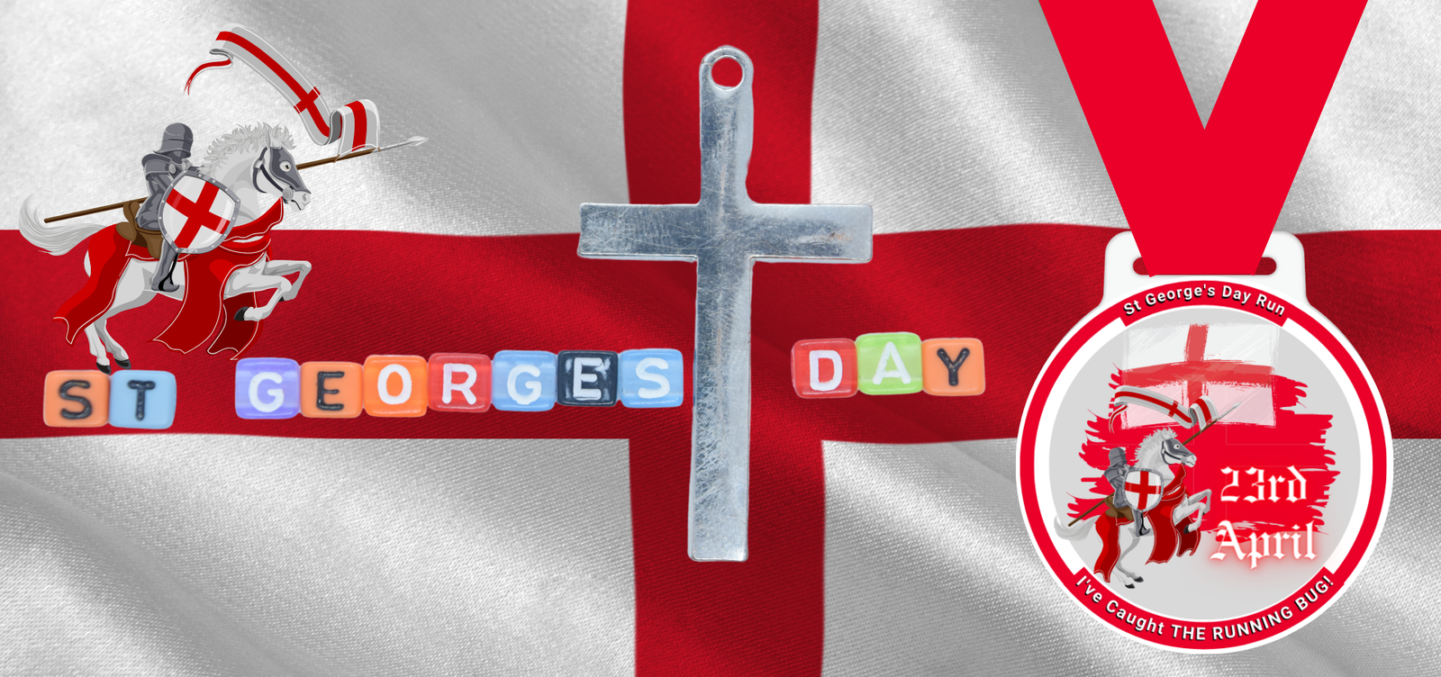 A St. George’s Day themed image with a knight on a horse holding a flag, a cross, festive text reading "ST GEORGES DAY," and a medal with a red ribbon featuring the flag of St. George and the event date "23rd April.