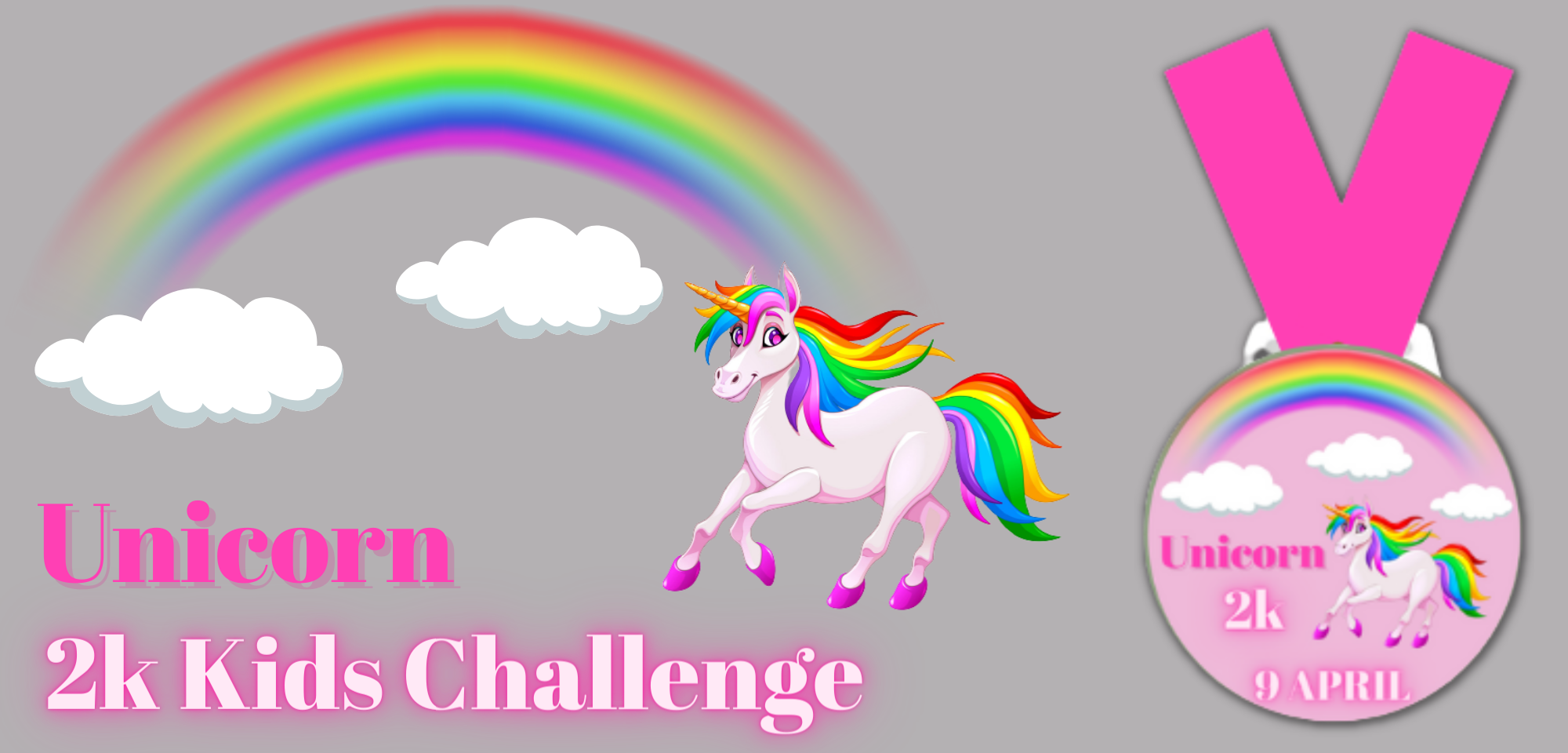 A vibrant image promoting the Unicorn 2k Kids Challenge event. It features a colorful rainbow with clouds, a cheerful unicorn with a rainbow mane and tail, and a pink medal with the same unicorn design and text "Unicorn 2k 9 April.