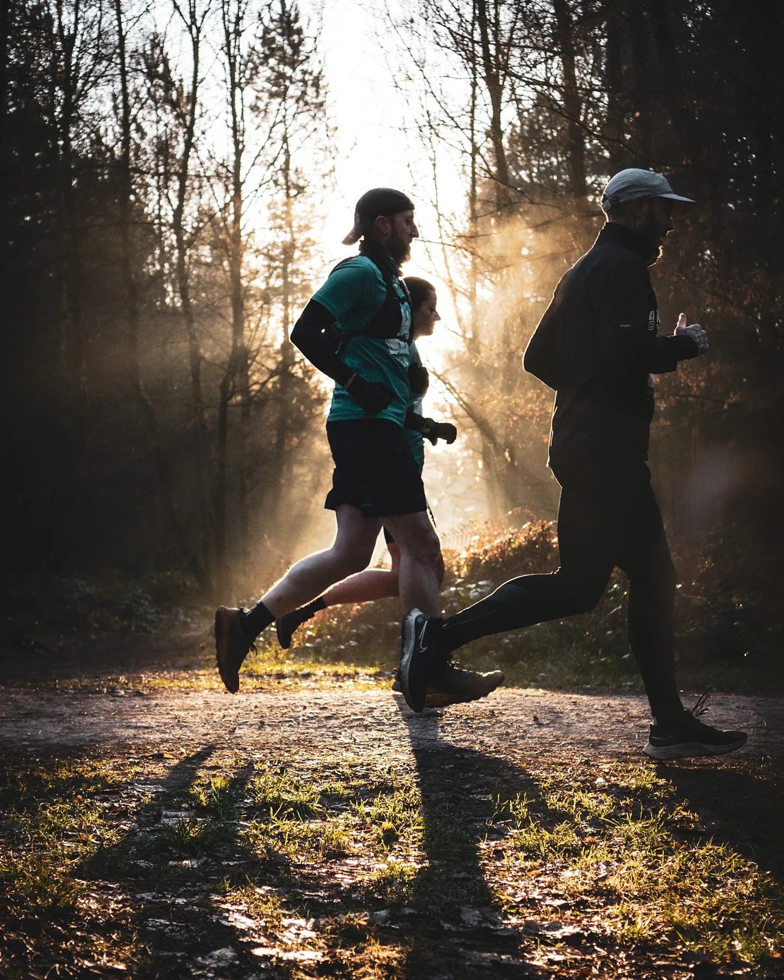 Three people are jogging on a forest trail during sunrise. The light filters through the trees, casting long shadows on the ground. Two of them are in dark clothing and one is in a teal top, and they run in the same direction, surrounded by tall, bare trees.