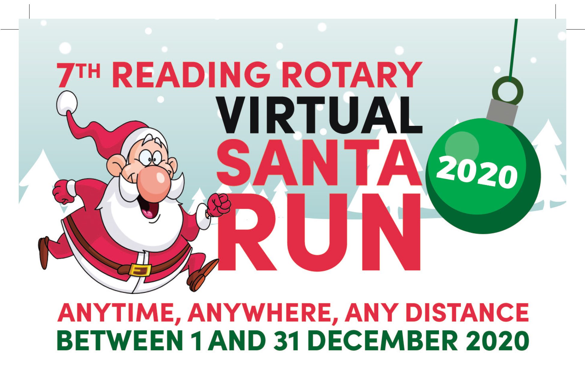 Illustration of a promotional poster for the "7th Reading Rotary Virtual Santa Run". The poster features a cartoon Santa Claus running and a green Christmas ornament with "2020" on it. Text states the event runs anytime, anywhere, any distance between 1 and 31 December 2020.