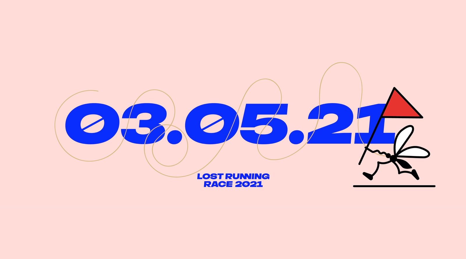 A banner with light pink background displays a date "03.05.21" in large blue letters. Below it, "Lost Running Race 2021" is written in smaller blue text. On the right, a stylized illustration shows a person running while holding a red flag.
