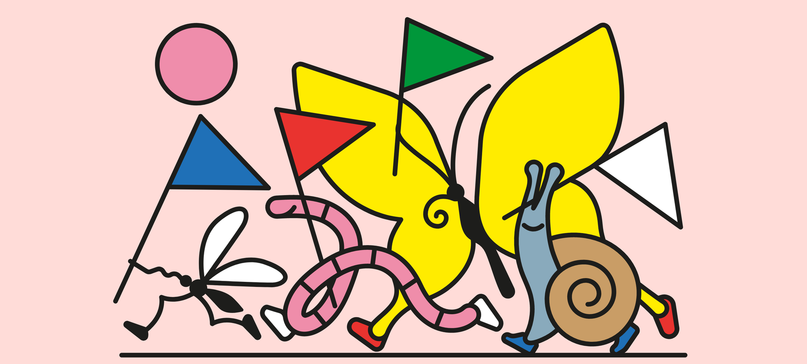 Illustration of colorful, cartoonish characters marching in a row. Characters include a stick figure with a pink flag, a rabbit with a blue flag, a worm with a red flag, a yellow butterfly with a green flag, and a snail with a white flag, set on a pink background.