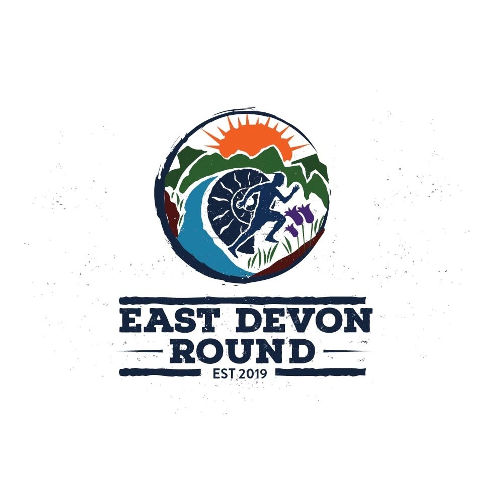 The logo for East Devon Round, established in 2019, depicts a runner in silhouette against a backdrop of hills, a wave, and a rising sun. The text "EAST DEVON ROUND" is prominently displayed below the image, with "EST. 2019" underneath it.