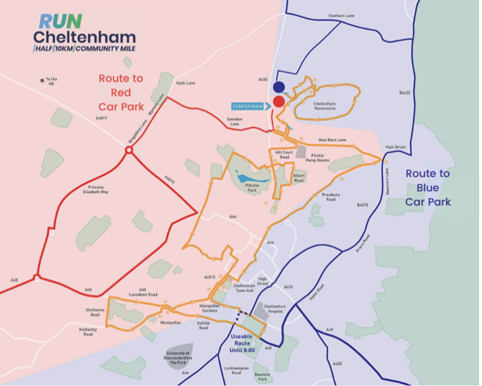Map showing Cheltenham's routes for the half marathon, 10k, and community mile runs. It highlights the 'Route to Red Car Park' in red and 'Route to Blue Car Park' in blue, with various roads and landmarks labeled, along with a start/finish point marked.