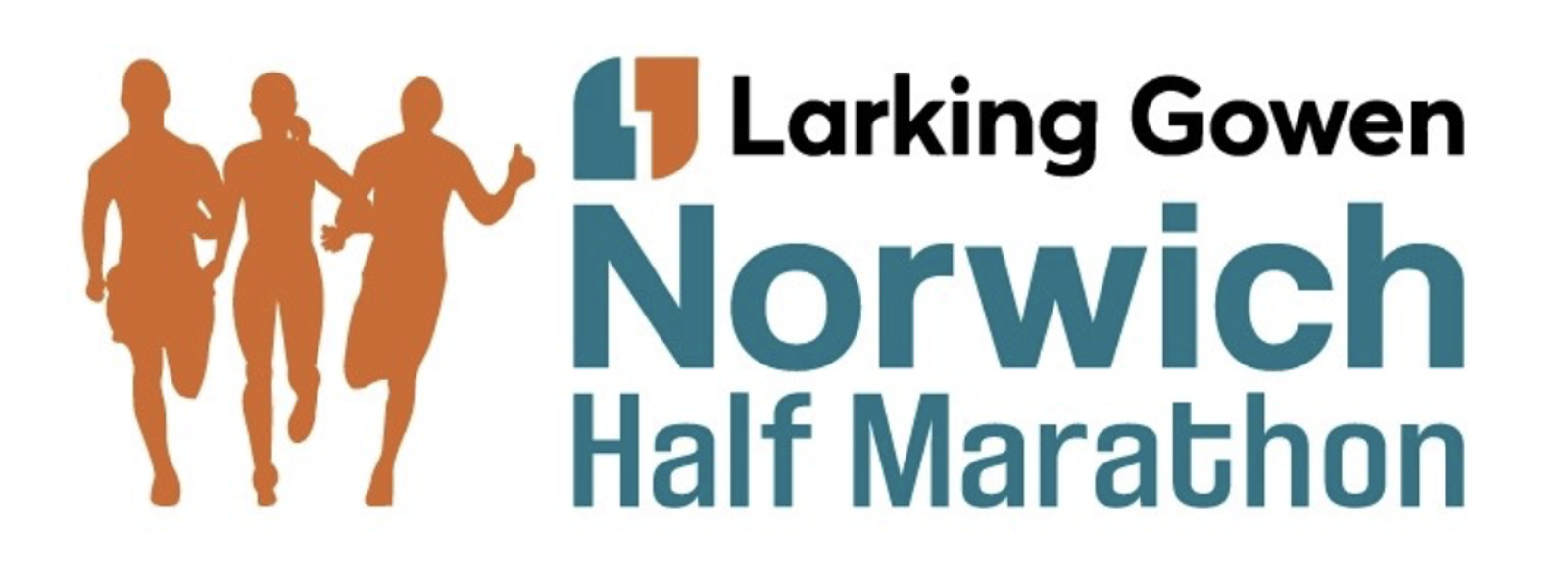 Logo for the Larking Gowen Norwich Half Marathon. It features three abstract figures running on the left, colored in brown. The text on the right reads "Larking Gowen Norwich Half Marathon" with a mix of blue and black fonts.