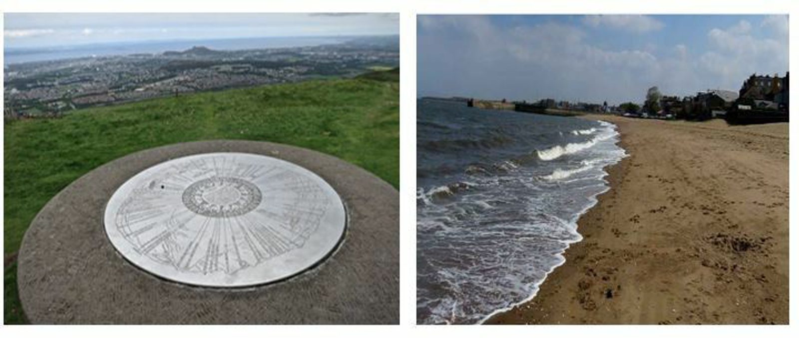 Split image: Left shows a concrete viewpoint indicator on a hilltop overlooking a vast landscape, suggesting a scenic vista with towns and greenery. Right depicts a deserted sandy beach with gentle waves and some buildings in view under a partly cloudy sky.