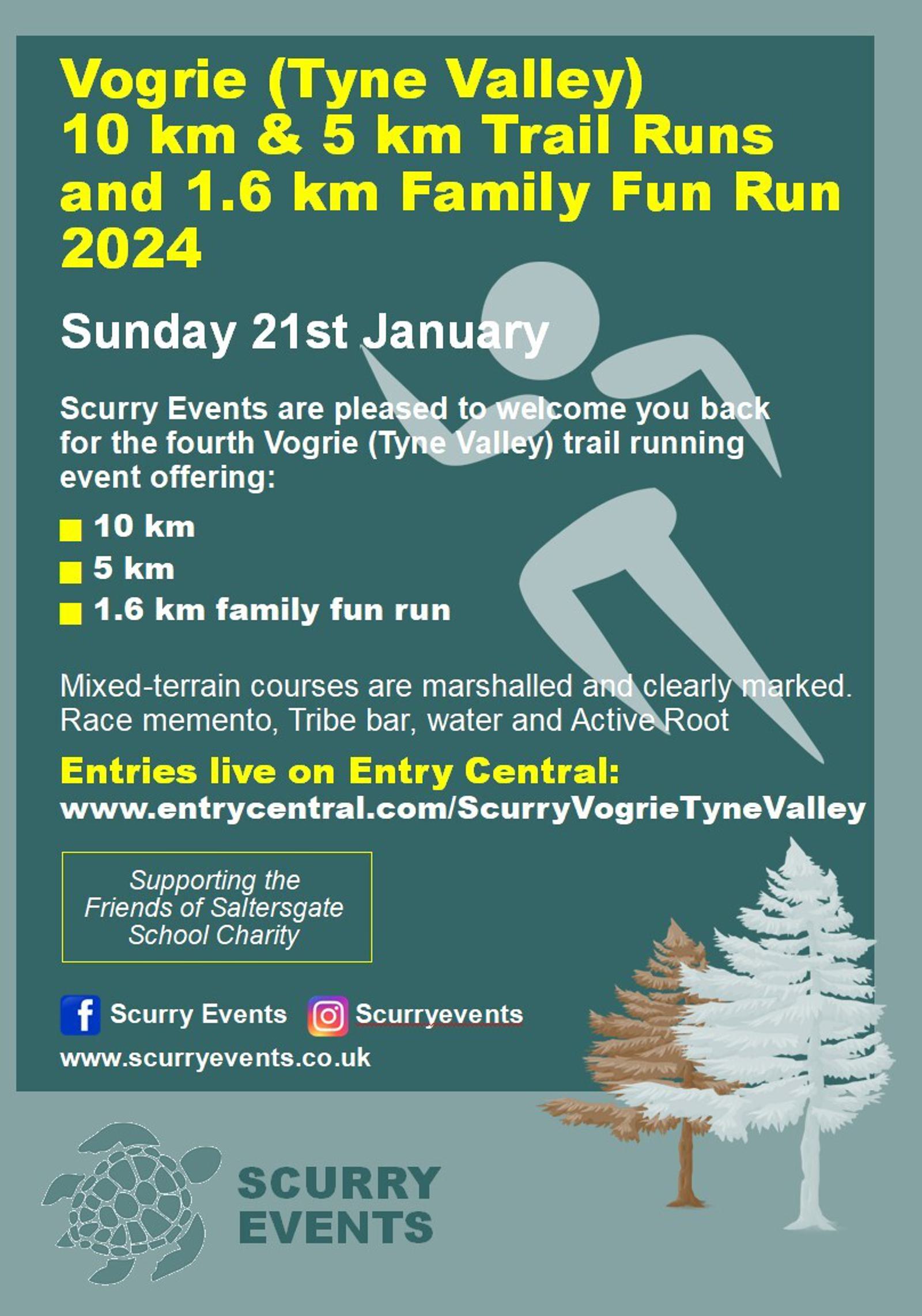 Flyer for "Vogrie (Tyne Valley) 10 km & 5 km Trail Runs and 1.6 km Family Fun Run 2024" on Sunday, 21st January. Includes race times, a website link for details, and promotes supporting the Friends of Astley Ainslie Hospital Rehabilitation Garden. Social media links provided.