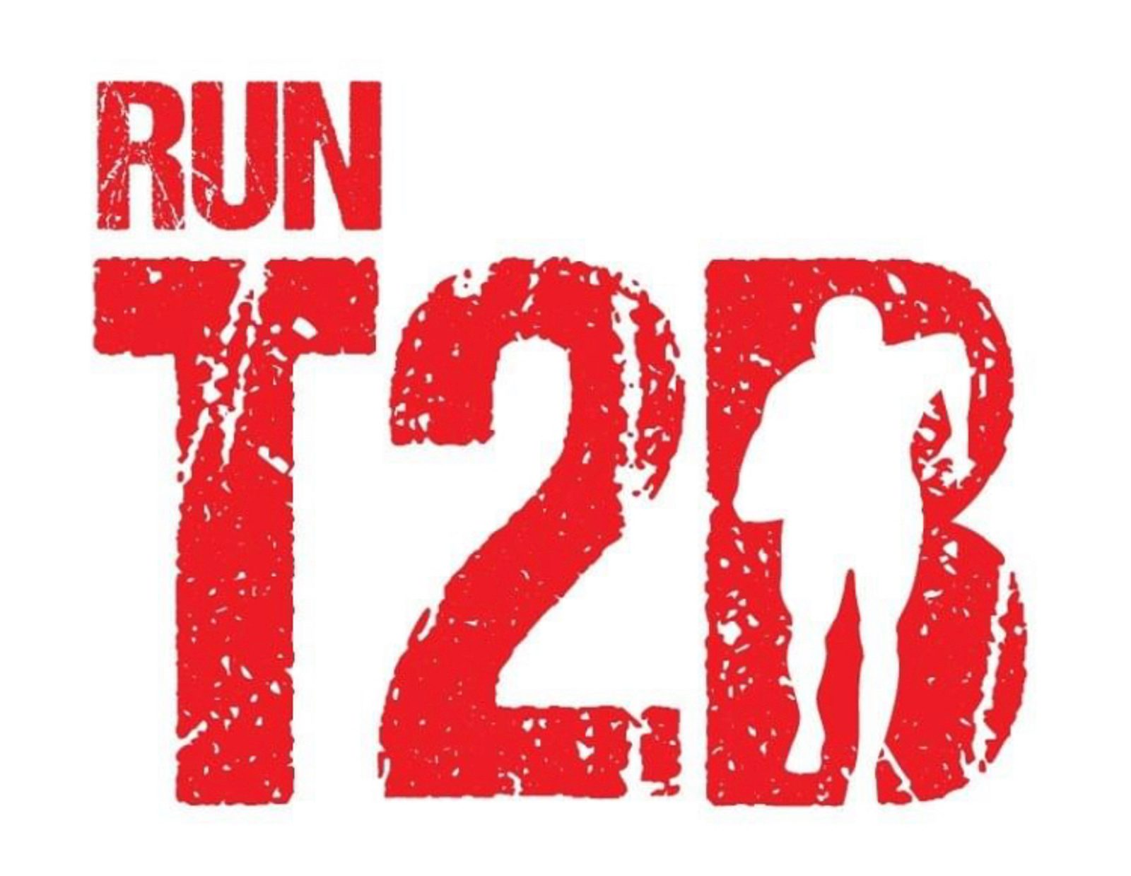 A graphic with the text "RUN T2B" in bold, distressed red letters. The number "2" has a silhouette of a running person placed inside it. The overall design has a rugged, weathered look.